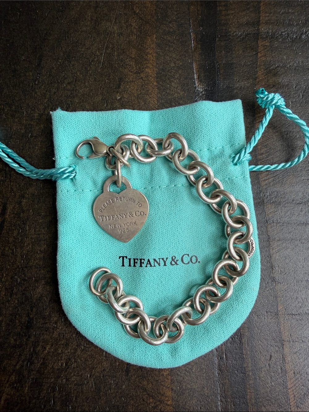 Tiffany & Co. Sterling Silver Heart Tag Bracelet with Aqua Pouch
